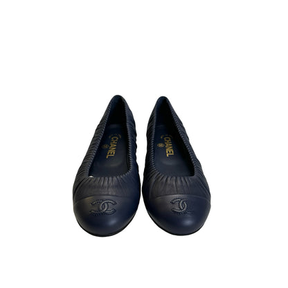 Used CHANEL Leather CC logo Ballet Flats Shoes Navy