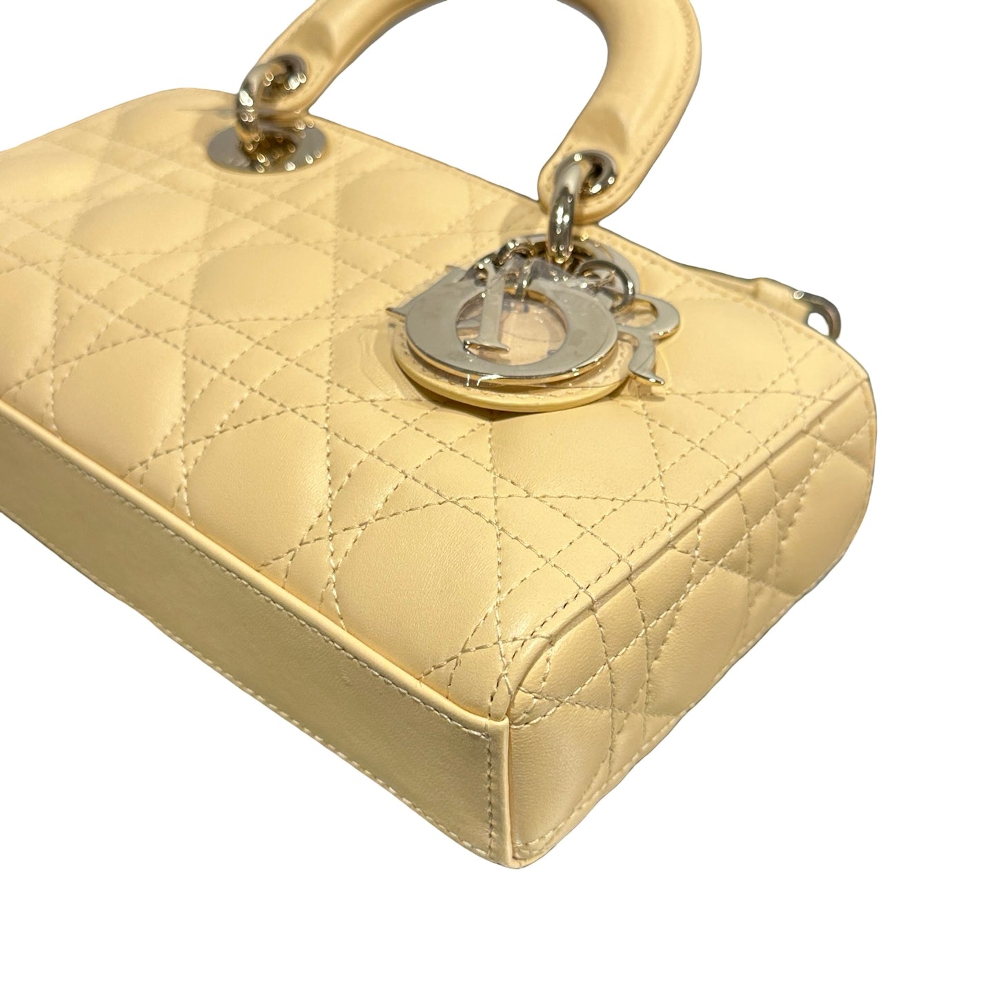 Used DIOR Lambskin Leather LADY D-JOY MINI Two Way Shoulder Bag Yellow PHW
