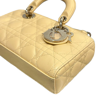 Used DIOR Lambskin Leather LADY D-JOY MINI Two Way Shoulder Bag Yellow PHW