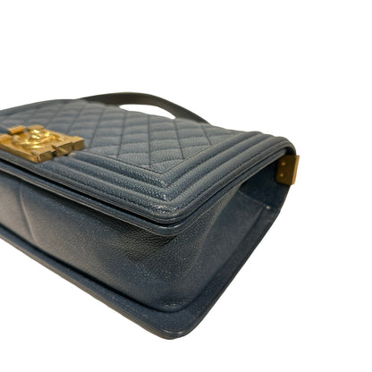 Used Chanel Calfskin Leather Boy 25 Shoulder Bag GHW Blue