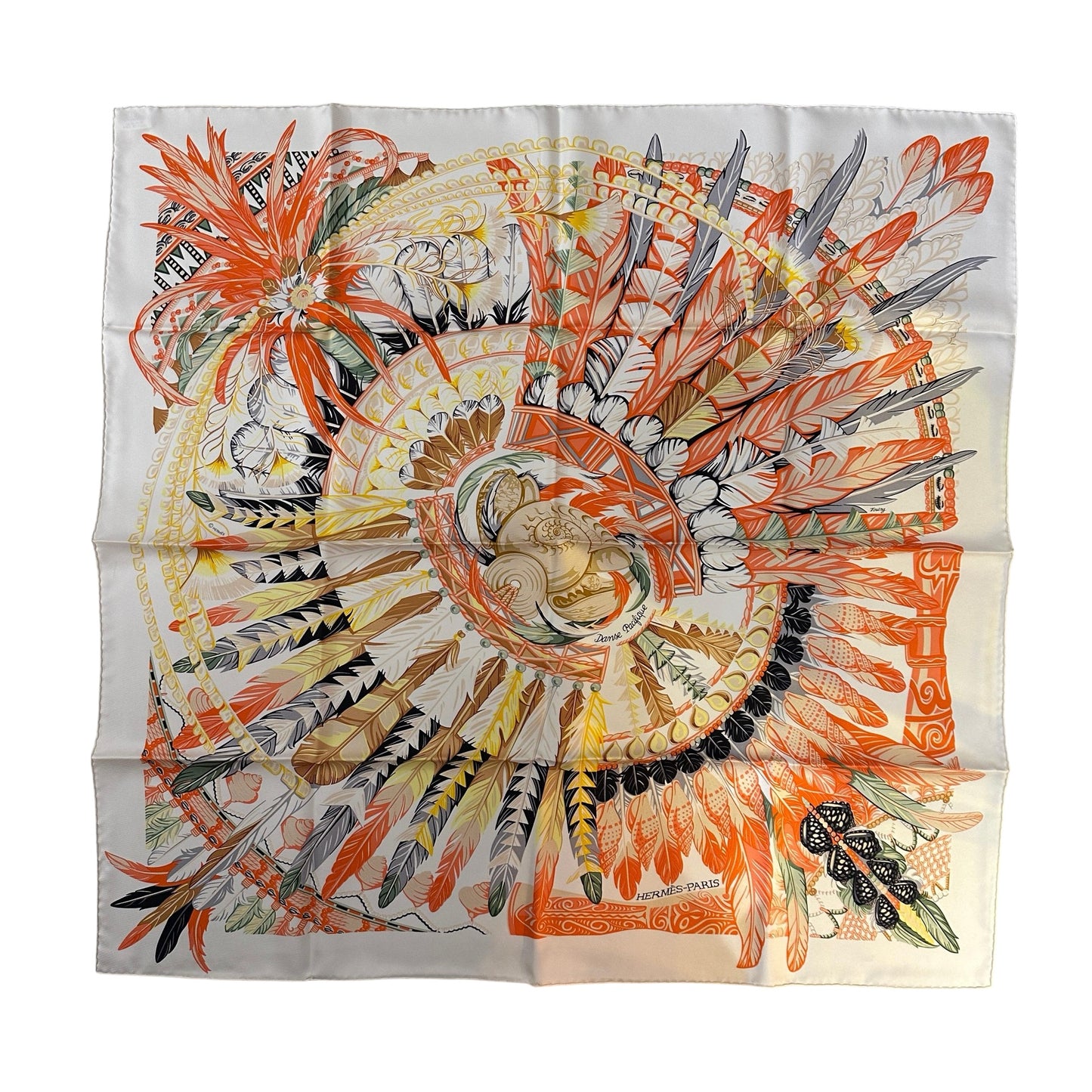 Used HERMES Silk 90x90 Scarf Scarf Cream Orange Green Black
