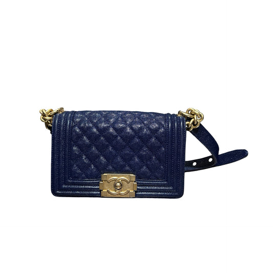 Used Chanel Calfskin Leather Boy 20cm Shoulder Bag Navy GHW