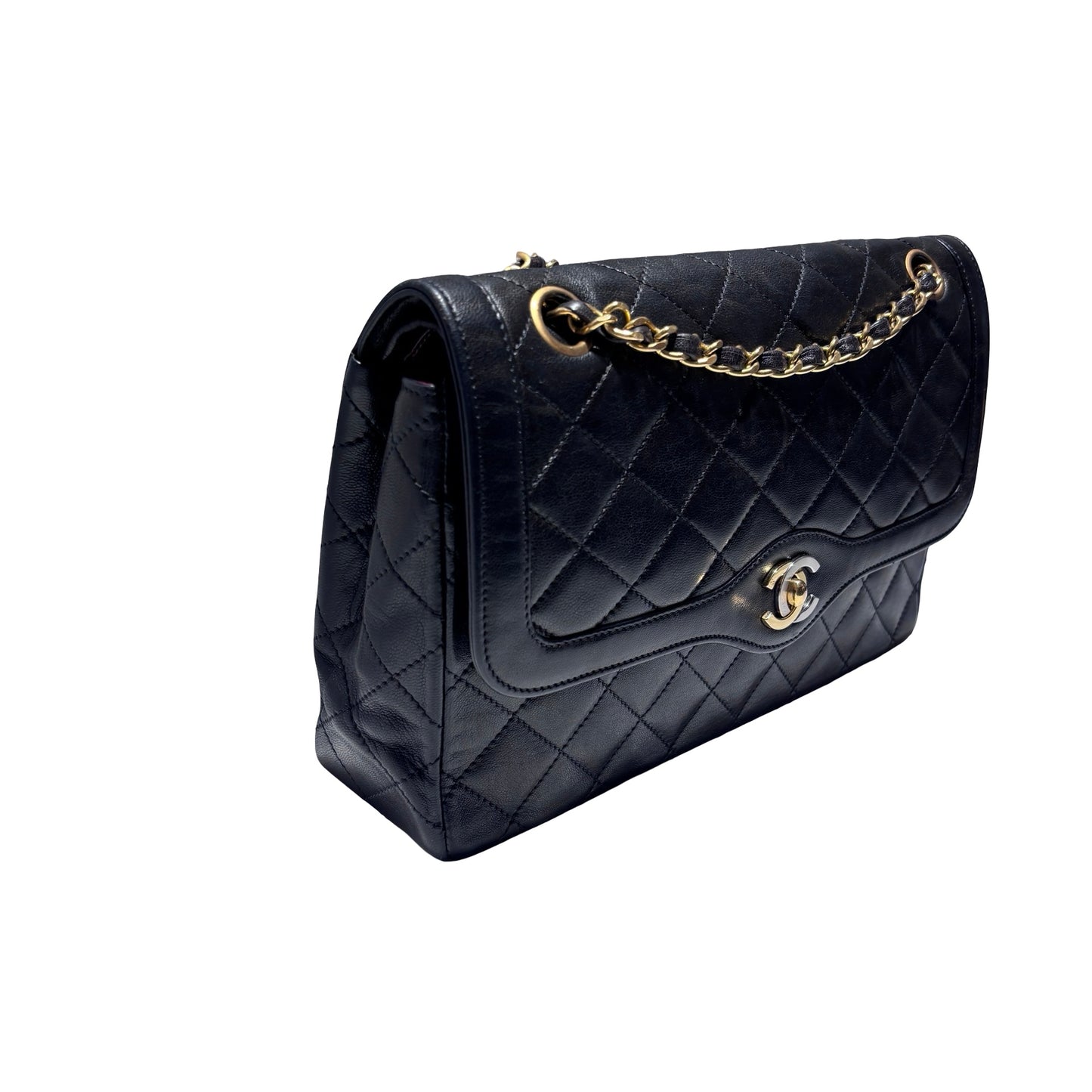 Used CHANEL Lambskin Leather Vintage Paris Double Flap Medium Chain Shoulder Bag Black GHW