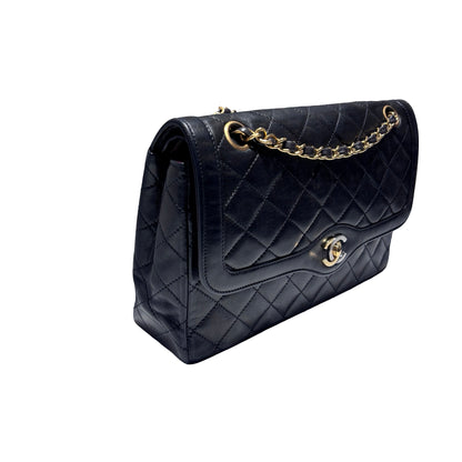 Used CHANEL Lambskin Leather Vintage Paris Double Flap Medium Chain Shoulder Bag Black GHW