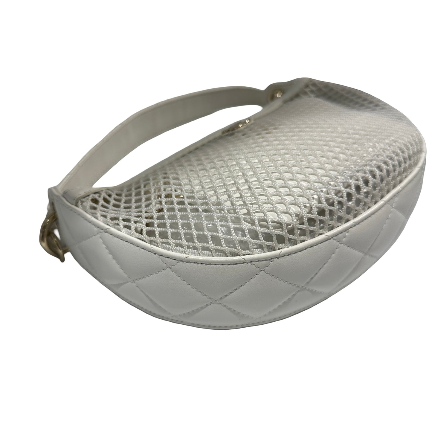 Used CHANEL Mesh Leather 25S Half Moon Clutch Hobo Bag White GHW