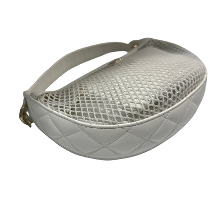 Used CHANEL Mesh Leather 25S Half Moon Clutch Hobo Bag White GHW