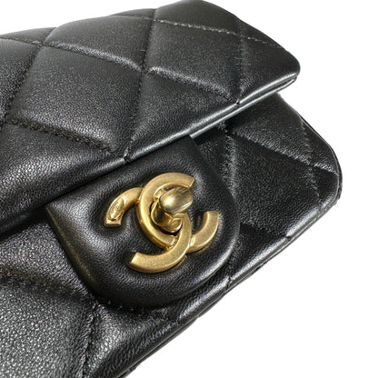 Used CHANEL Lambskin Quilted Mini Flap Bag Pearl Crush Mini Flag Bag with Gold Ball Black Gold