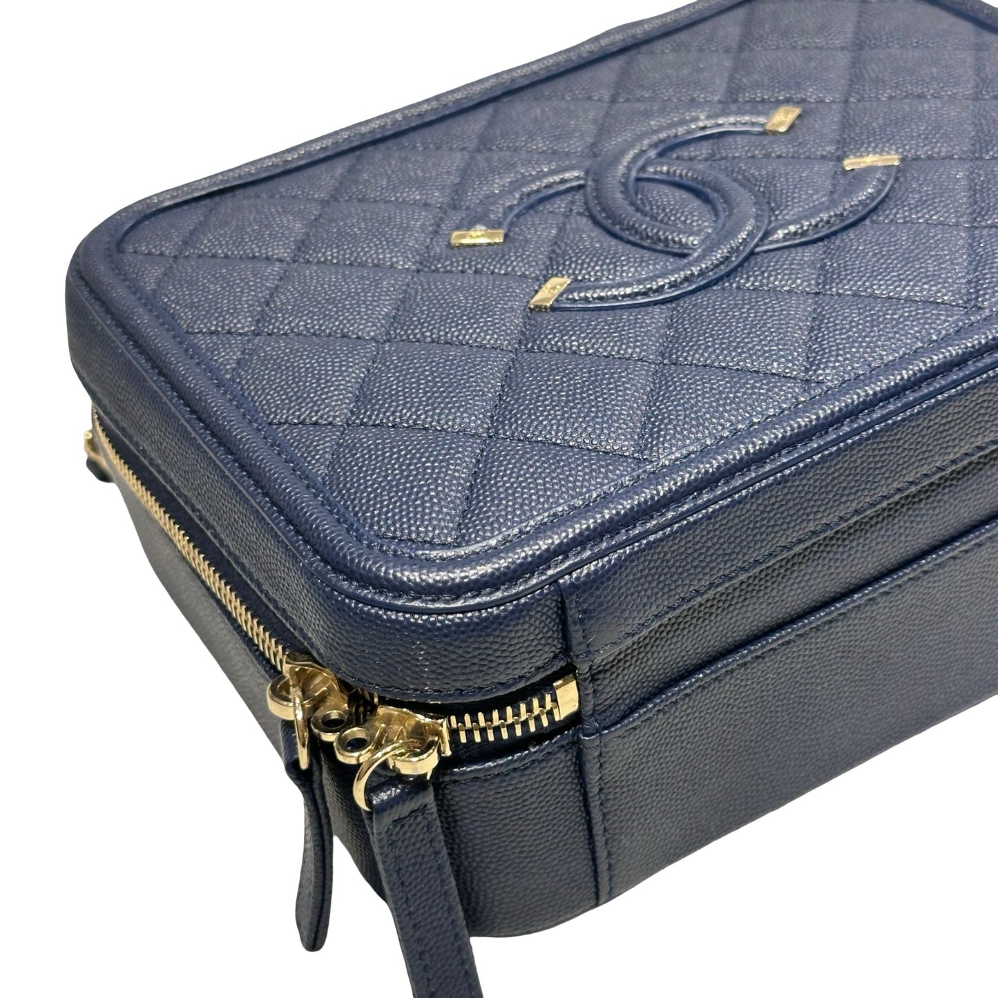 Unused CHANEL Calfskin Leather Vanity Case Navy Blue
