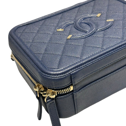 Unused CHANEL Calfskin Leather Vanity Case Navy Blue