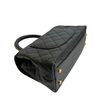 Used CHANEL Quilted Caviar Coco Handle Handbag Black Gold
