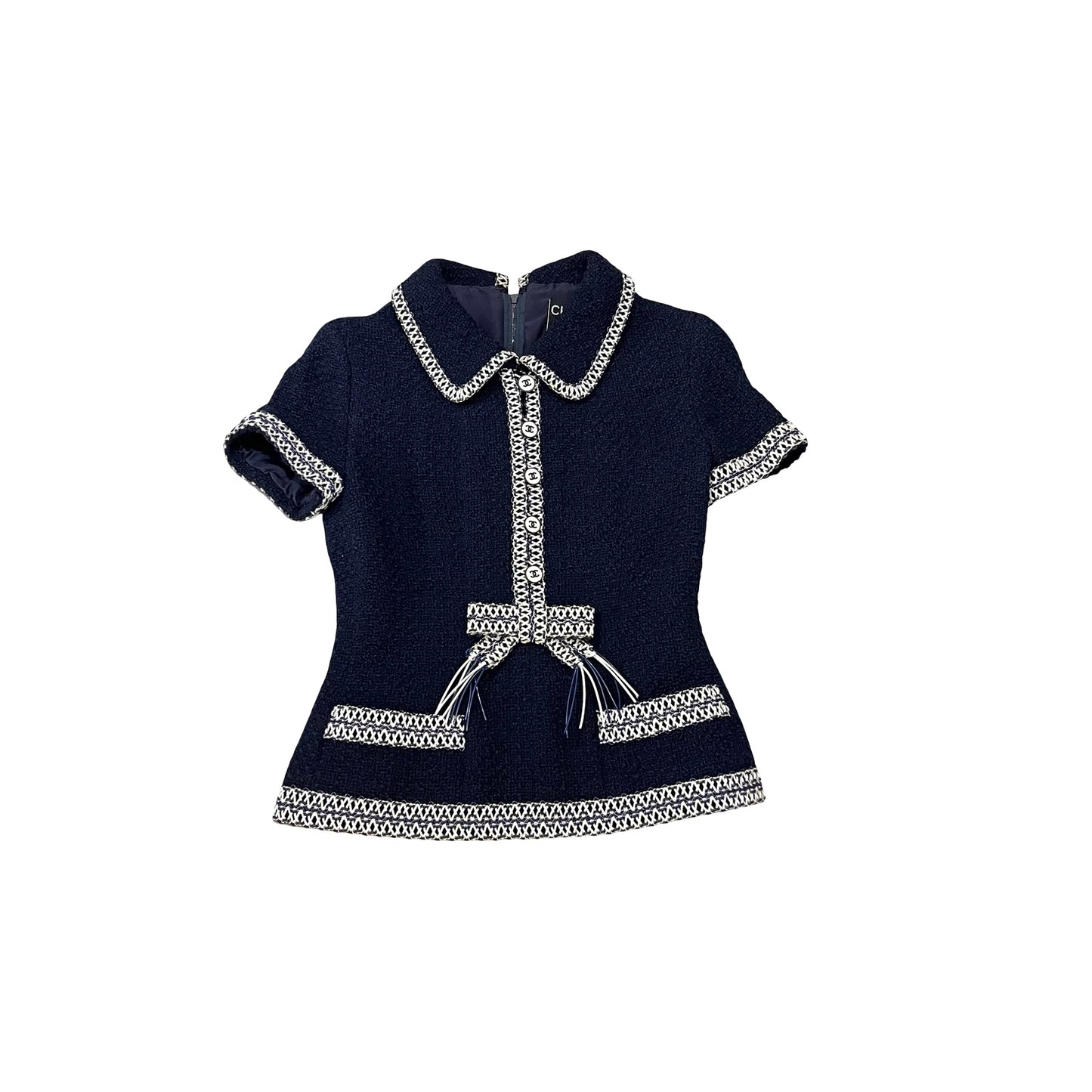 Used Chanel Wool Tweed short-sleeve jacket+skirt set Clothing Navy