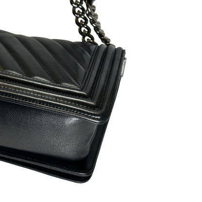 Used CHANEL Chevron Leather Boy Chanel Shoulder Bag Black Silver