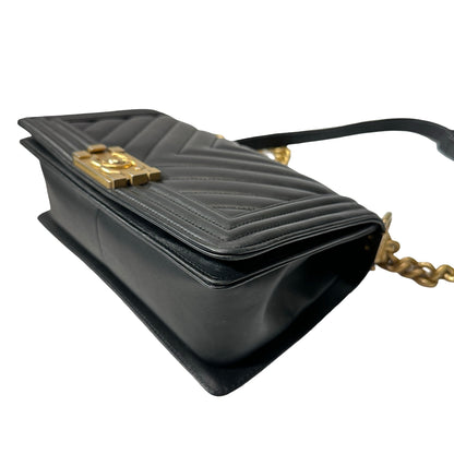 Used Chanel Lambskin Leather Boy 25 Shoulder Bag Black GHW
