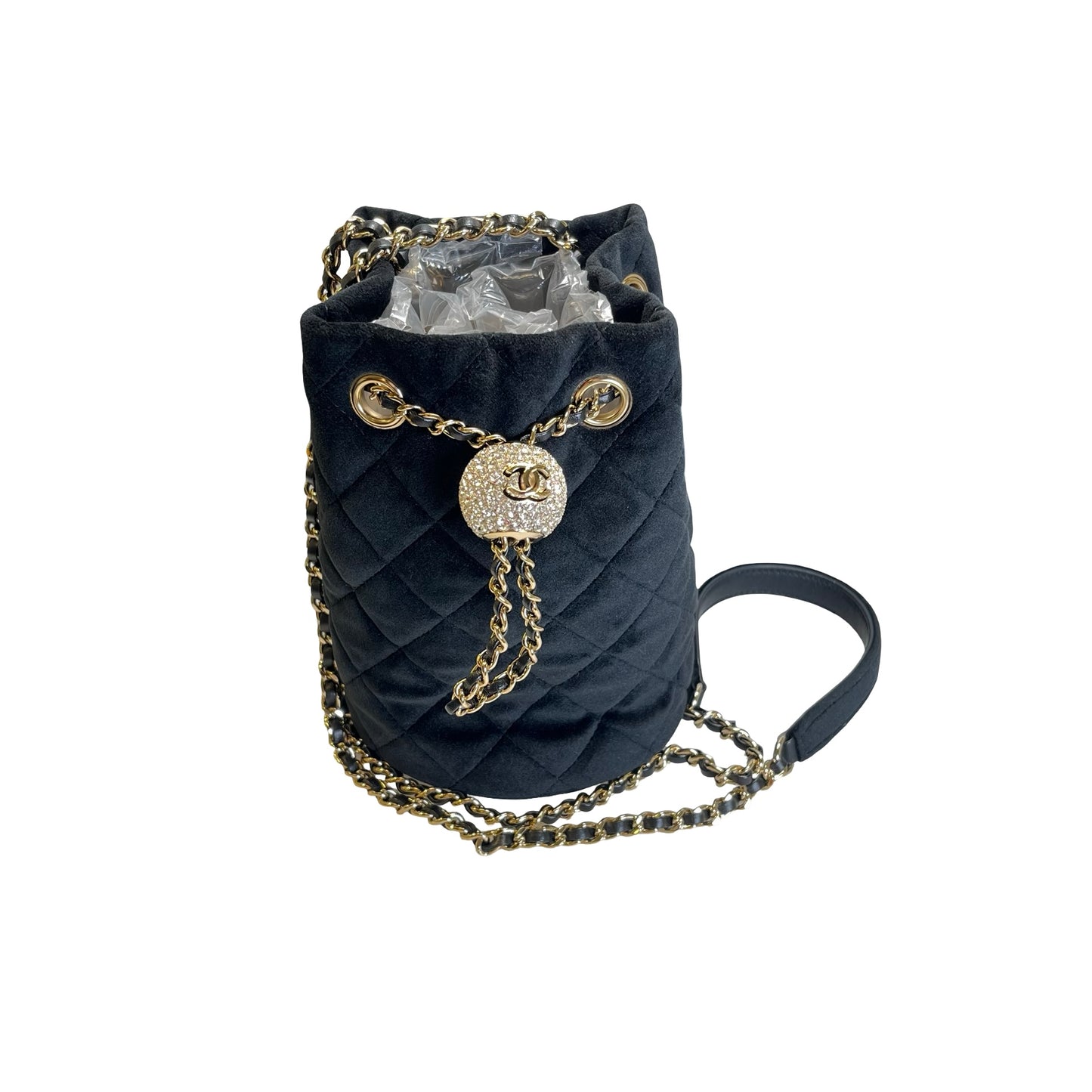 Used CHANEL Quilted Suede Mini Bucket Bag with Crystal Mini Bucket Bag Black Gold