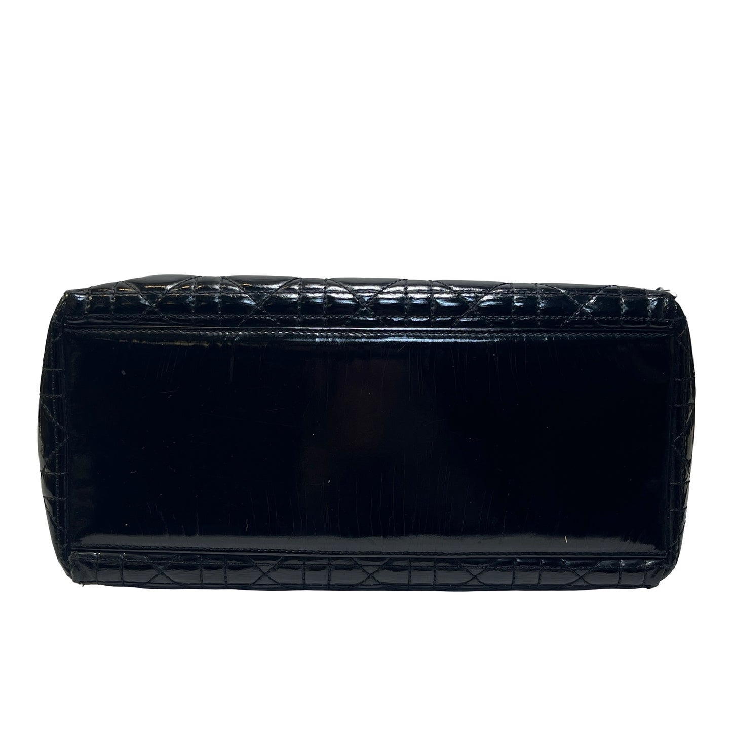 Used DIOR Cannage Patent Leather Lady Dior Handbag Black Gold