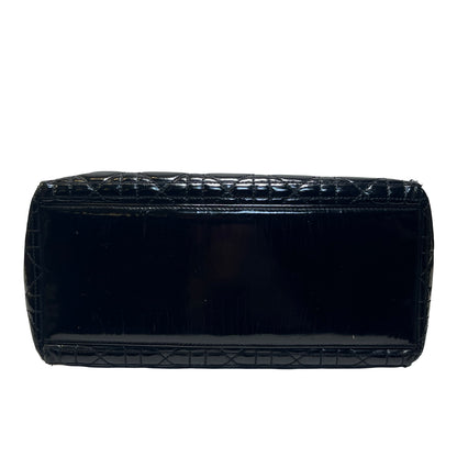 Used DIOR Cannage Patent Leather Lady Dior Handbag Black Gold