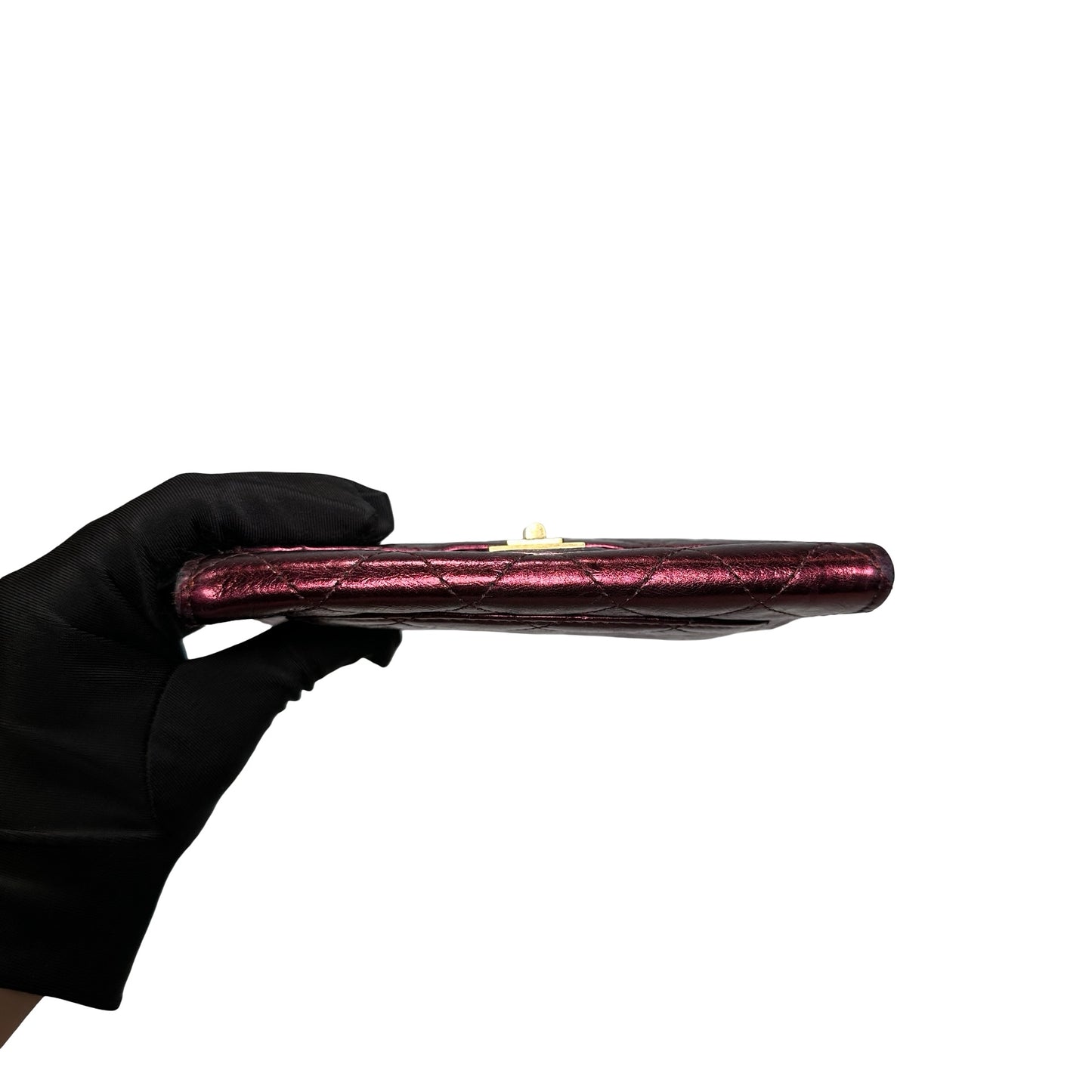 Used CHANEL Quilted Aged Calfskin 2.55 Flap Wallet Wallet Burgundy Metallic