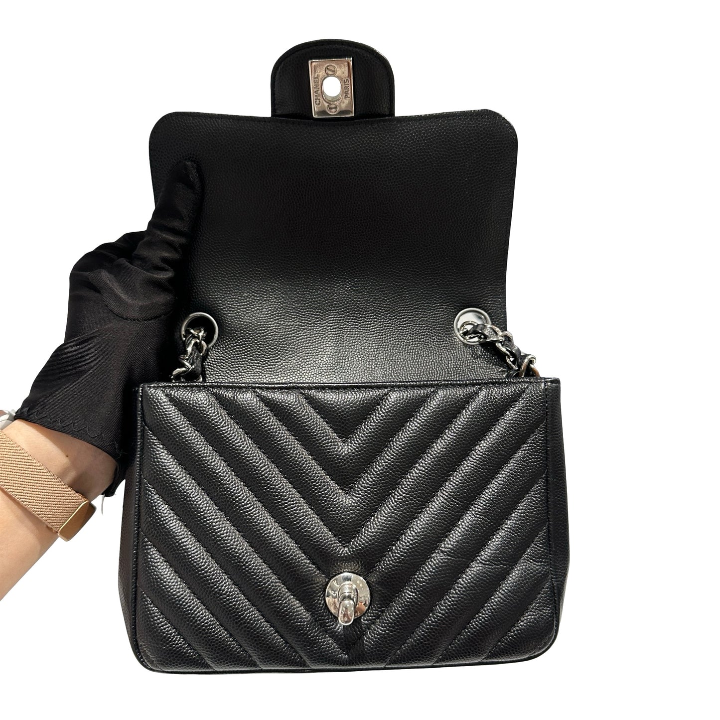 Used CHANEL Caviar Leather Mini Rectangular Flap Chain Shoulder Bag Black PHW