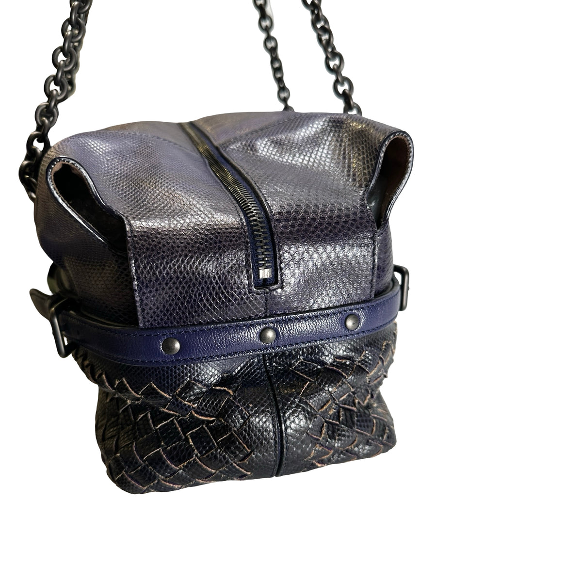 Used BOTTEGA VENETA Intrecciato Lizard Olimpia Shoulder Bag Navy Black