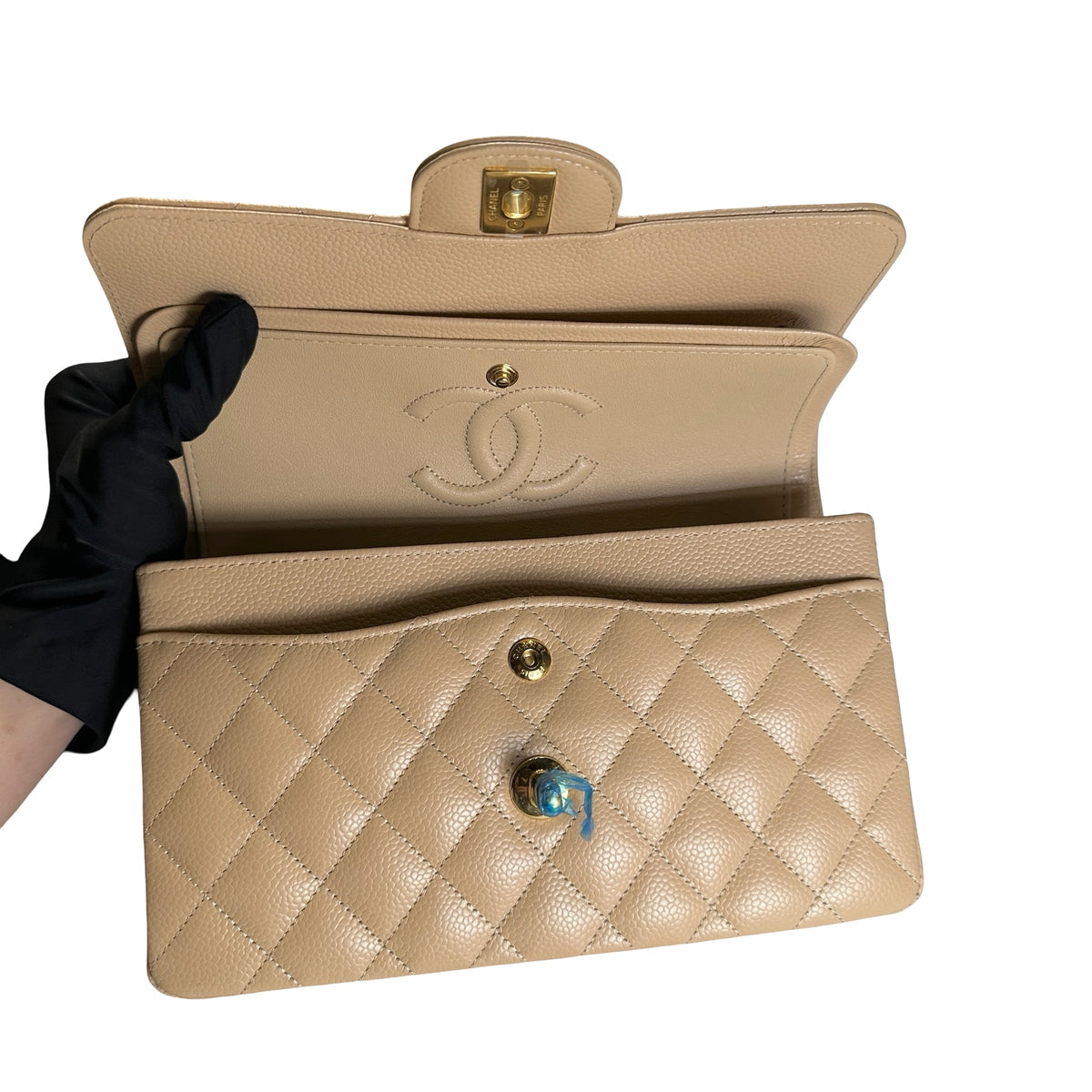 Brand New CHANEL Quilted Caviar Classic Flap Chain Shoulder Bag Beige Gold
