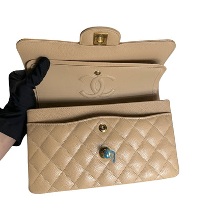 Brand New CHANEL Quilted Caviar Classic Flap Chain Shoulder Bag Beige Gold