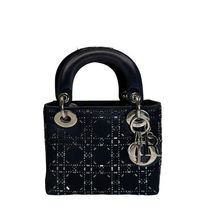 Used DIOR Cannage Rhinestone Lady Dior Handbag Black Silver