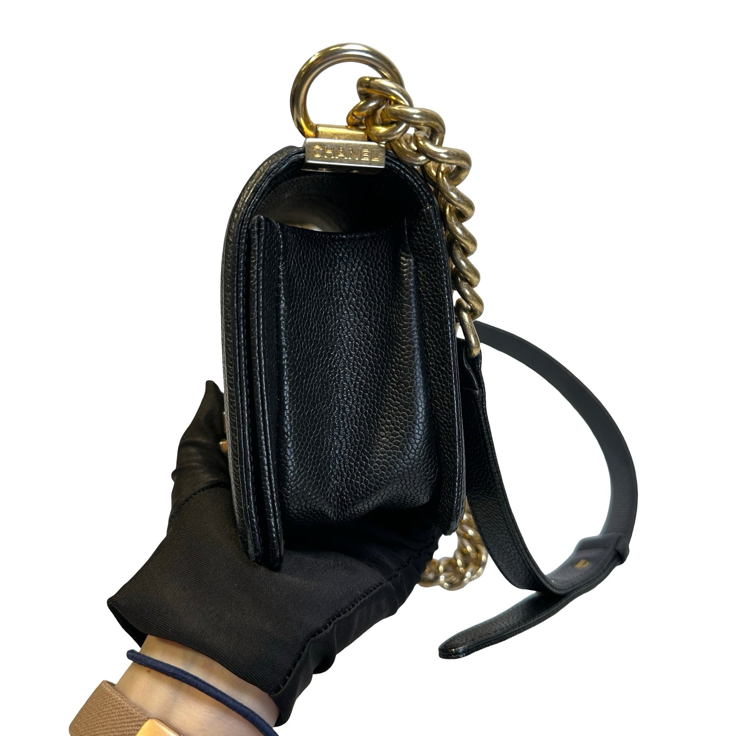 Used CHANEL Caviar Leather Quilted Boy 20 Shoulder Bag Black Gold