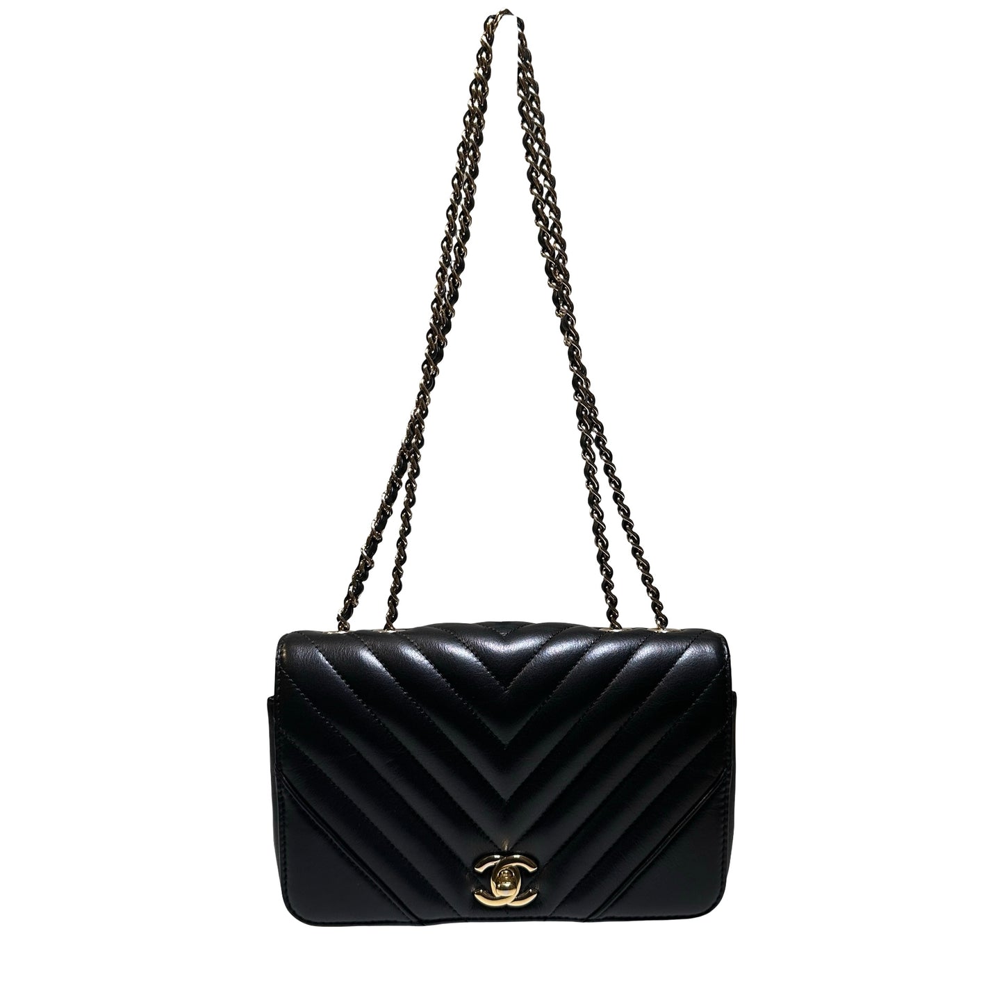 Used CHANEL Chevron Lambskin Chevron Flap Bag Chain Shoulder Bag Black Gold
