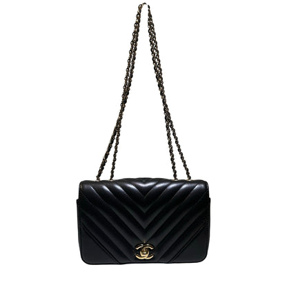 Used CHANEL Chevron Lambskin Chevron Flap Bag Chain Shoulder Bag Black Gold