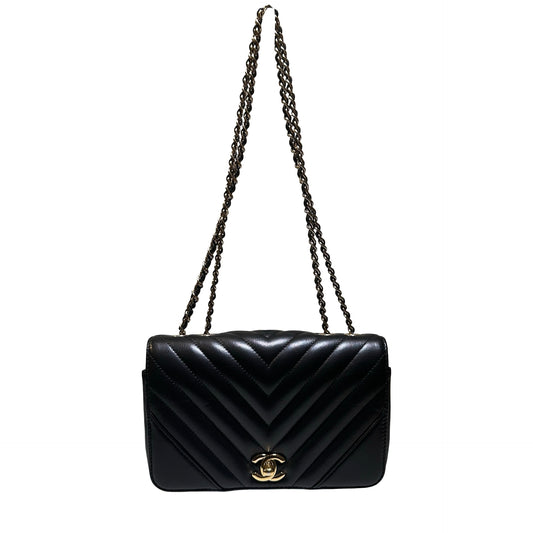Used CHANEL Chevron Lambskin Chevron Flap Bag Chain Shoulder Bag Black Gold