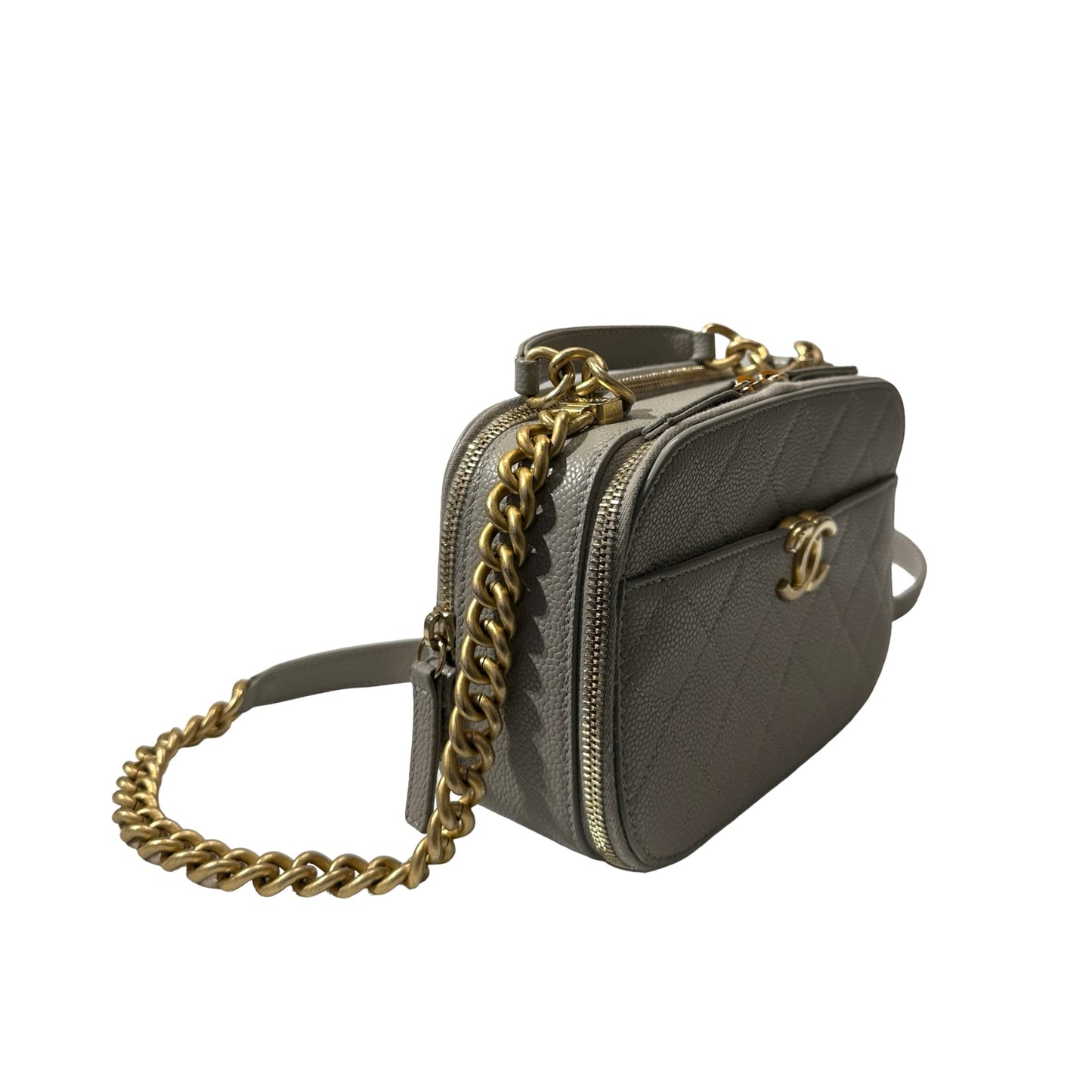 Used CHANEL Calfskin Leather Camera Shoulder Bag GHW Grey