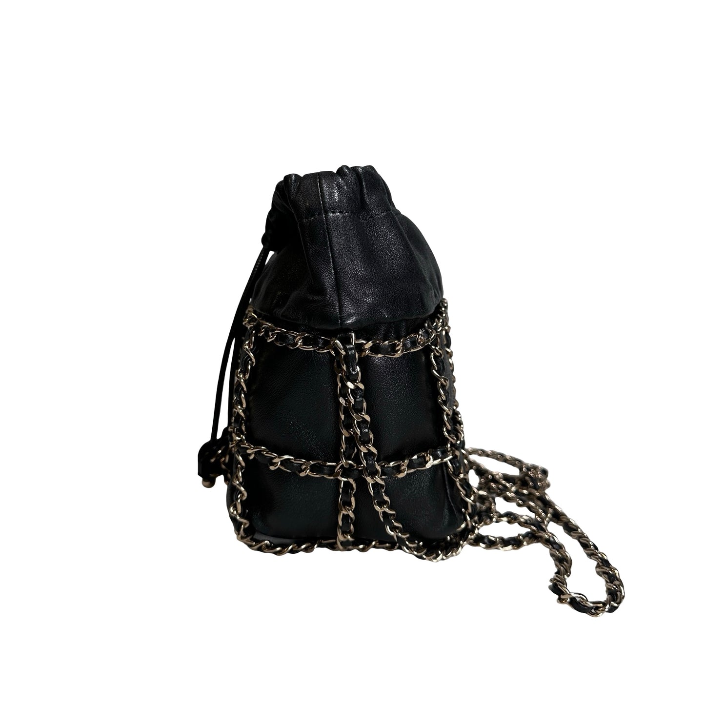 Used CHANEL Leather Drawstring Bag Drawstring Bag Black GHW