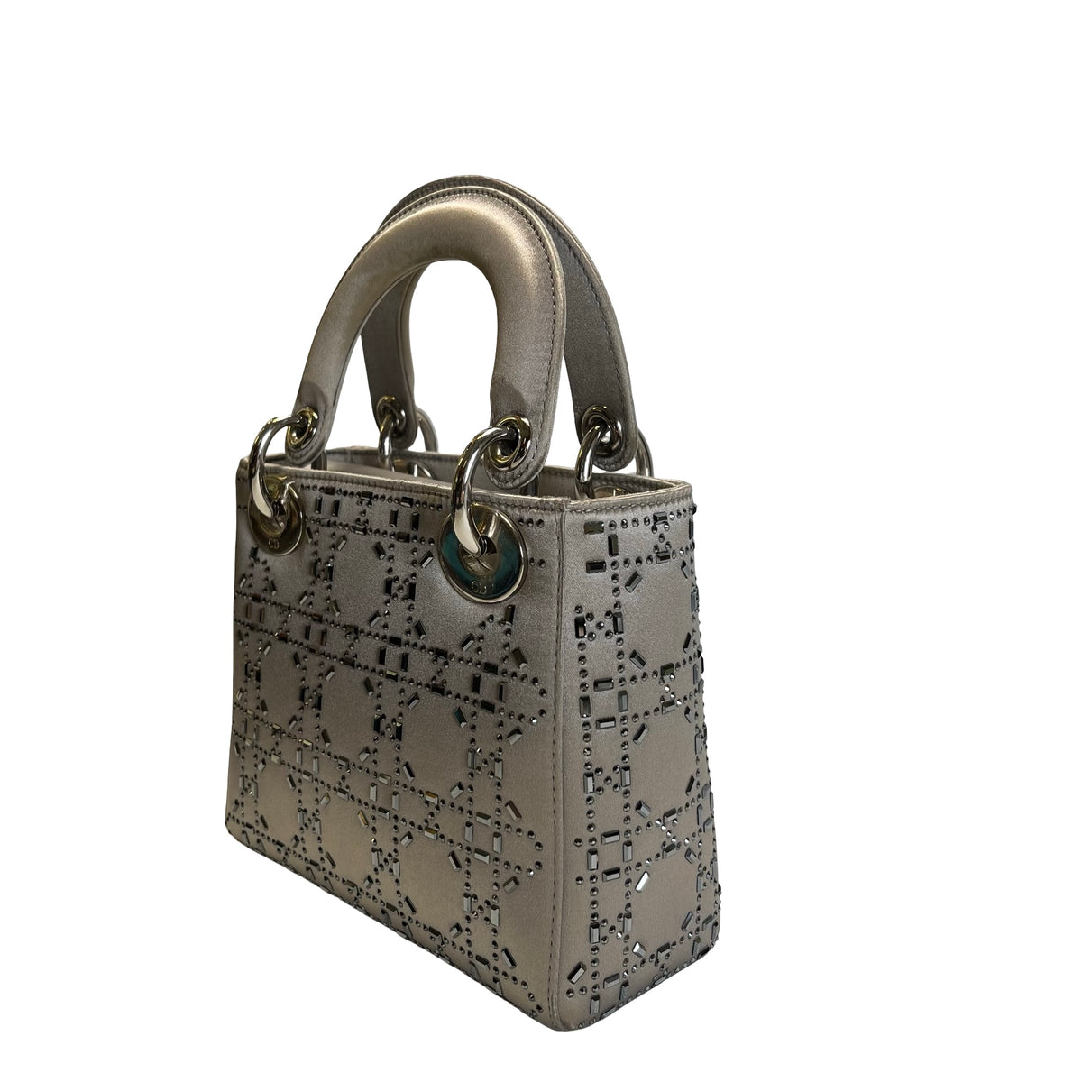 DIOR Cannage Studded Lady Dior Handbag Grey Silver