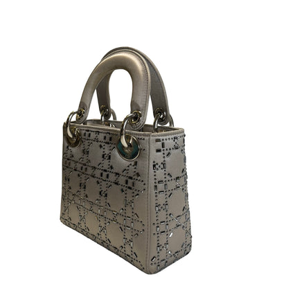 DIOR Cannage Studded Lady Dior Handbag Grey Silver