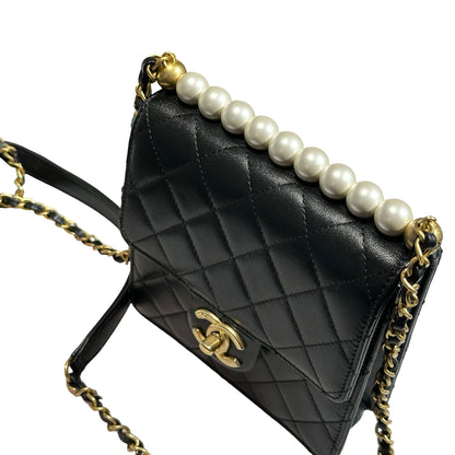 Used CHANEL Lambskin Leather Flap with Pearls Chain Shoulder Bag Black GHW
