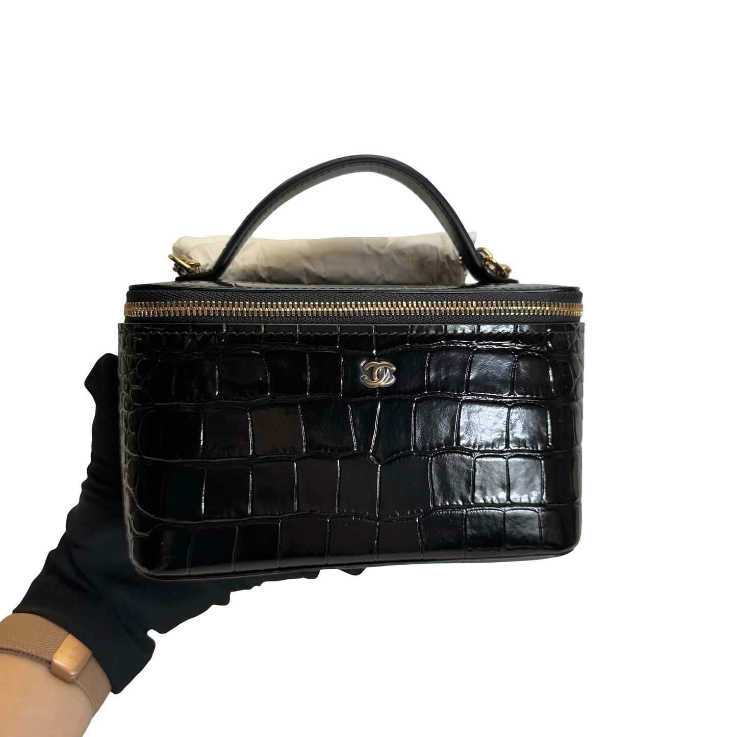 Brand New CHANEL Croc-embossed Vanity case Vanity case Black Gold hardware