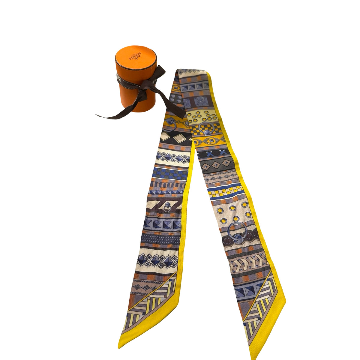 HERMES Graphic Twilly Twilly Yellow Grey Brown Blue