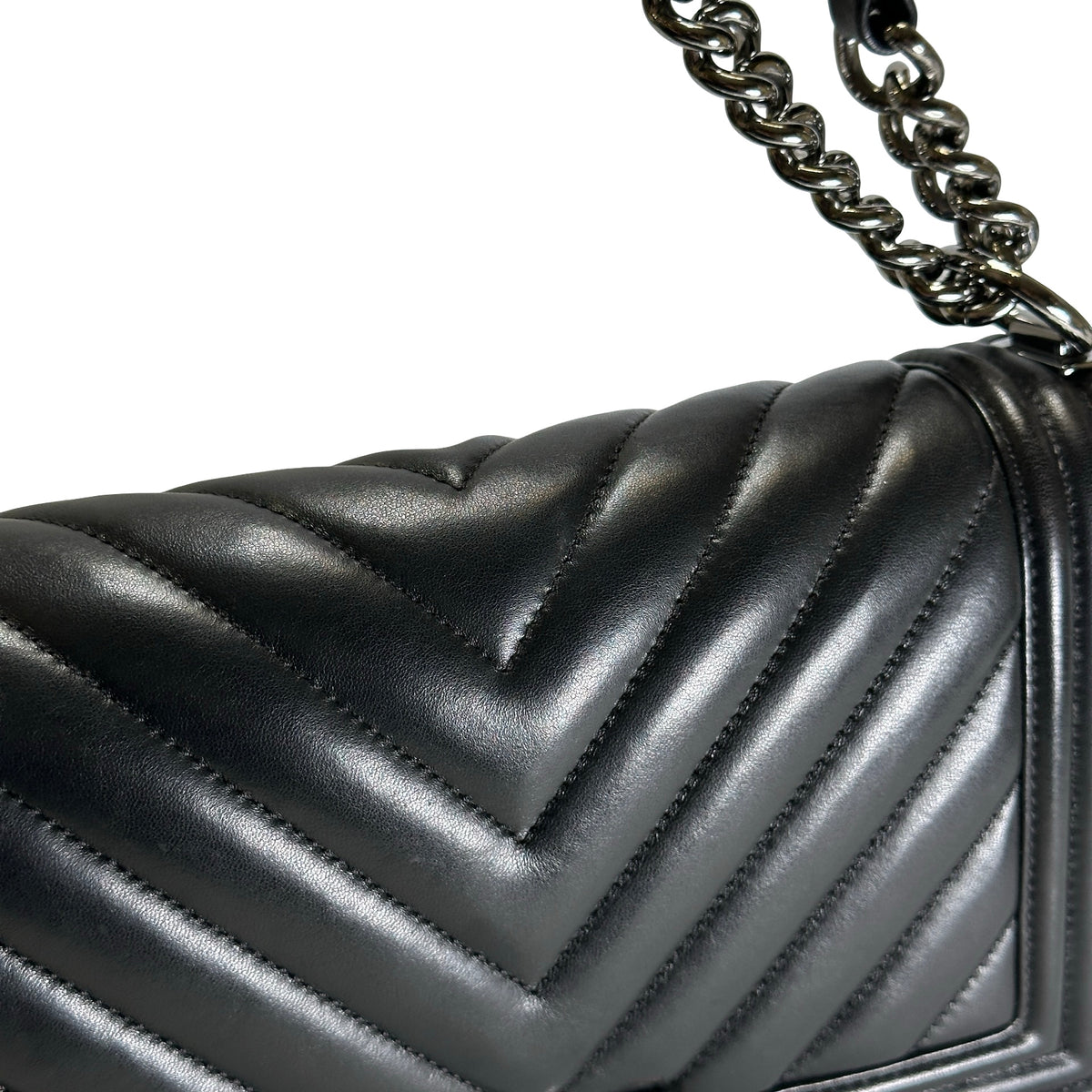 Used CHANEL Chevron Leather Boy Chanel Shoulder Bag Black Silver