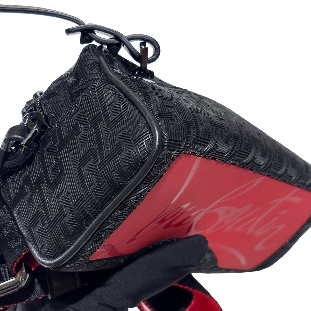 Used CHRISTIAN LOUBOUTIN Logo Textured ParisNYC Belt bag Black Red Silver
