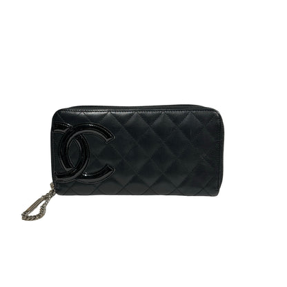 Used Chanel Lambskin Leather Cambon Long Round Wallet Black PHW