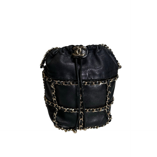 Used CHANEL Leather Drawstring Bag Drawstring Bag Black GHW