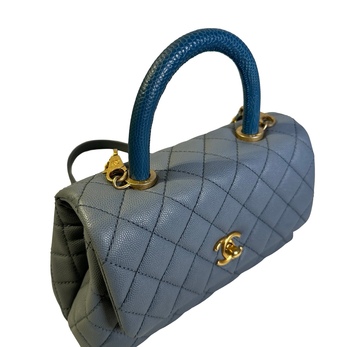 Used CHANEL Quilted Caviar Lizard Coco Handle Handbag Blue