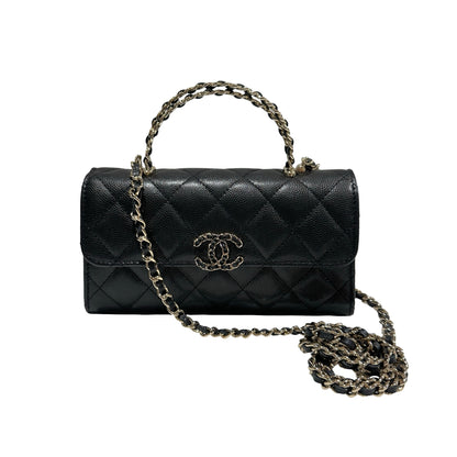 Used CHANEL Quilted Caviar Handle Classic Flap Handbag Black Gold