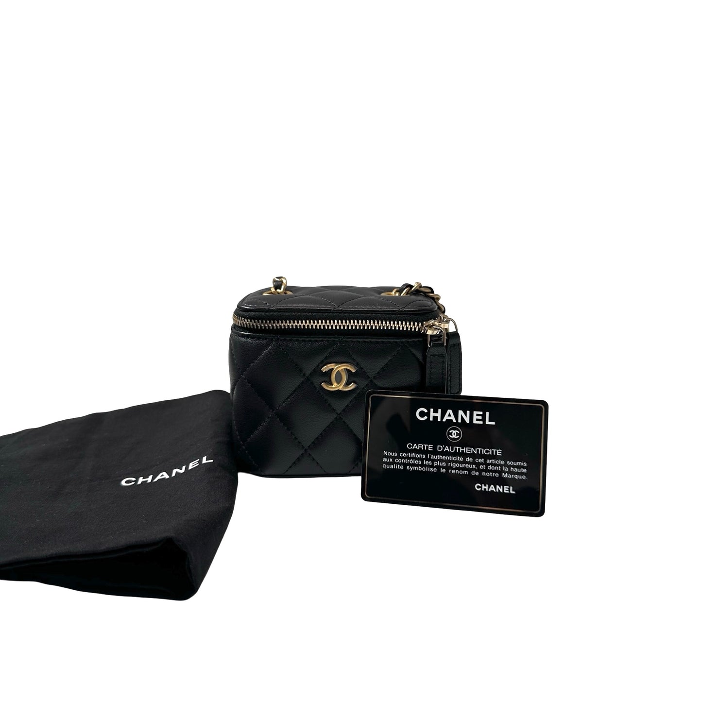 Used CHANEL Lambskin Leather Vanity Case with Gold Ball Cross Body Bag Black GHW
