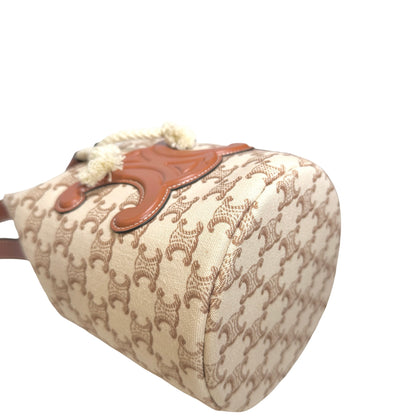Used CELINE Triomphe Canvas Calfskin Teen Triomphe Drawstring Drawstring Bag Beige Brown GHW