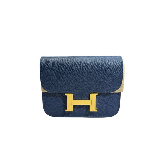 Used HERMÈS Leather Used Hermès Leather Constance Slim Wallet Wallet Navy Blue GHW