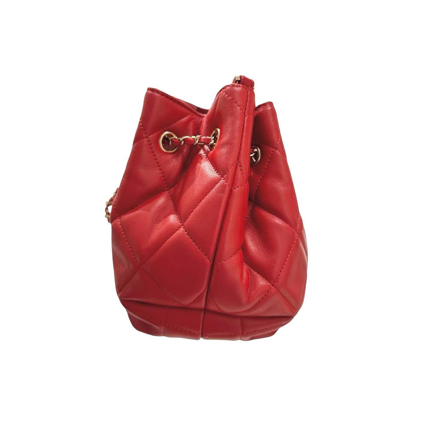 Used CHANEL Lambskin Leather MINI DRAWSTRING BUCKET Cross Body Bag Red