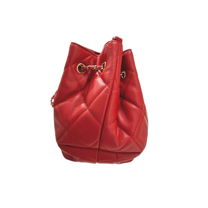 Used CHANEL Lambskin Leather MINI DRAWSTRING BUCKET Cross Body Bag Red