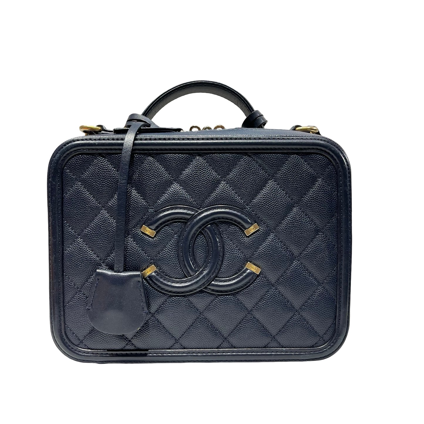 Used CHANEL Calfskin Leather Chanel Vanity Case Vanity Case Navy GHW