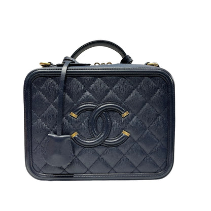 Used CHANEL Calfskin Leather Chanel Vanity Case Vanity Case Navy GHW